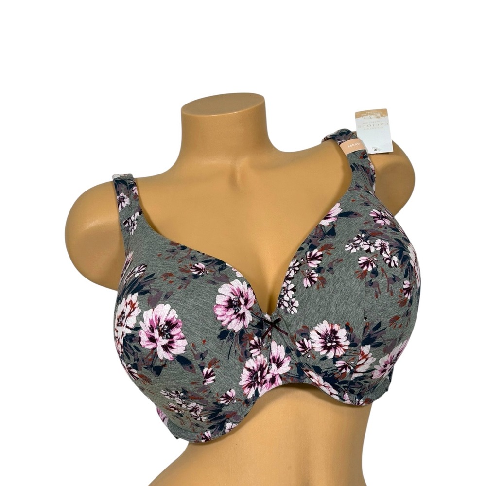 Cacique Womens Gray Pink Floral Cotton Lightly Lined T-Shirt Bra 46DDD Underwire